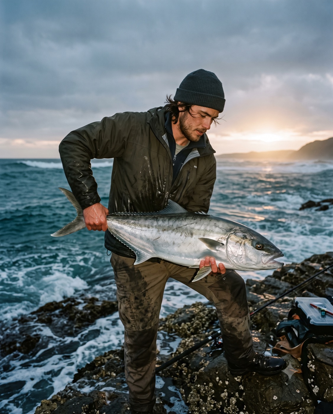 A fisher holding a kingfish on the rocks